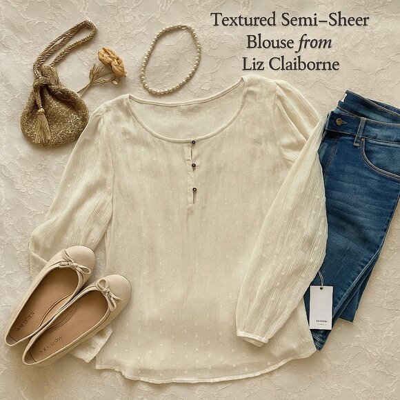 NWT Liz Claiborne Ivory Textured Semi‑Sheer Blouse – Long Sleeve, Plus Size 1X - Picture 1 of 16